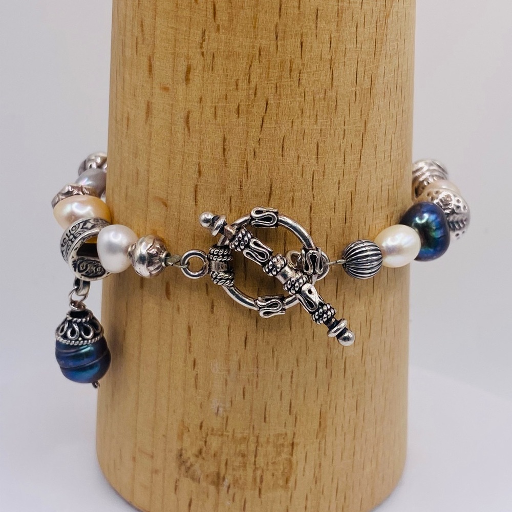 Silpada Sterling Silver Gray & Pink Freshwater Pearl Bracelet w/Pearl Charm
